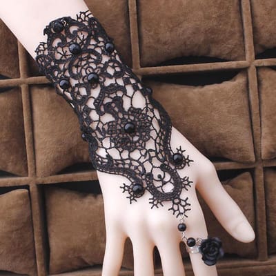 KIMU® Armband Kant Zwart met Ring en Roos - Great Gatsby Roaring Twenties Blinders Charleston Kanten Brocante Rode Zwarte Jugendstil Art Deco Gebroken Ketting Victoriaans Steampunk Sexy Festival