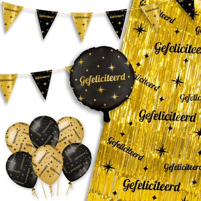 LUQ – Party Essentials Gefeliciteerd – Zwart-Goud Feest Decoratie – Luxe Ballonnen-Slingers-Vlaggenlijn-Gordijn