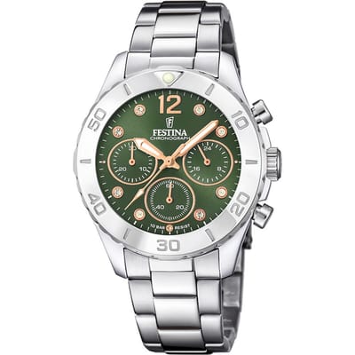 Festina F20603/5 Dames Horloge - Chronograaf - Mineraalglas - Roestvrijstaal/Staal - Zilverkleurig - Ø 39 mm - Quartz - Vouw/Vlindersluiting