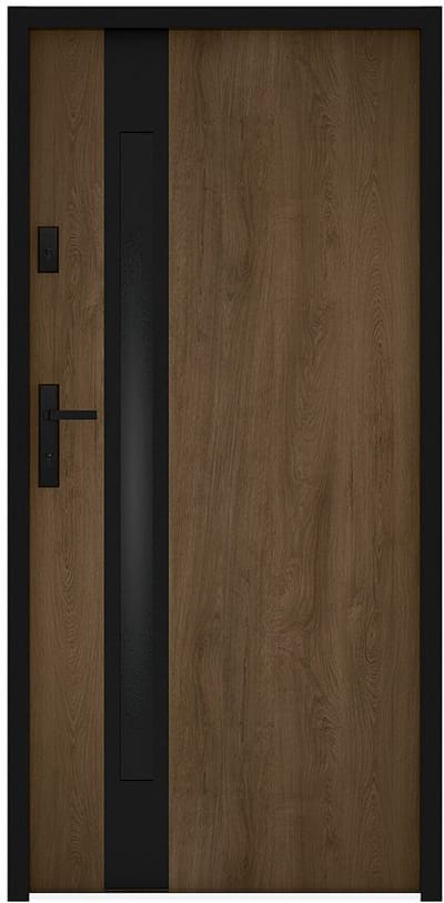 Vente-unique Massieve stalen en roestvrijstalen voordeur, 207 cm hoog x 100 cm breed - rookglas - walnoot- en zwartlook - 55 mm dik - rechtsdraaiend - BRAGA