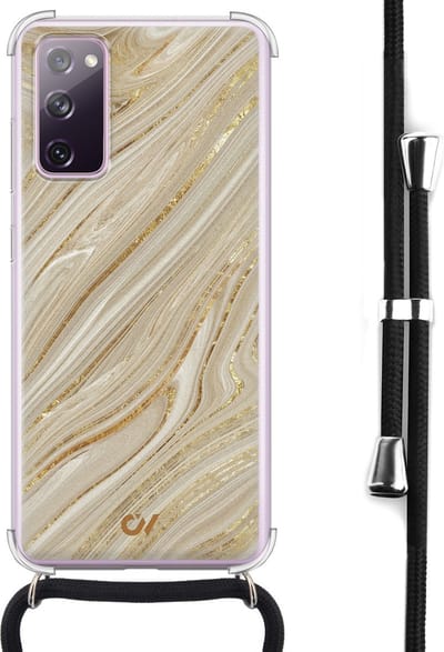 Telefoonhoesje met koord geschikt voor Samsung S20 FE - Golden Marble - Inclusief koord - Transparant, Goud - - Crossbody beschermhoes - Met Telefoonketting