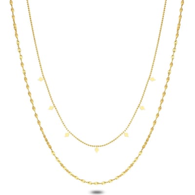 Twice As Nice Halsketting in goudkleurig edelstaal, dubbele ketting, ruitjes 47cm+5cm