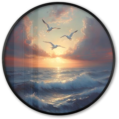 Poster in lijst Rond - Fotolijst 60x60 cm - Posters - Meeuwen - Zonsondergang - Zee - Wolken - Ronde posterlijst zwart - Decoratie - Wanddecoratie woonkamer - Muurdecoratie slaapkamer
