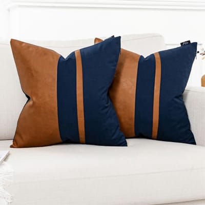 Set van 2 decoratieve kussenslopen 45 x 45 cm in marineblauw en bruin - Moderne boerderij accent kussens