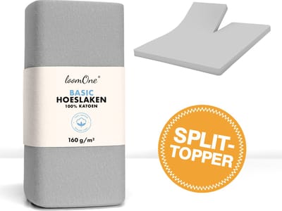 Loom One Hoeslaken Splittopper – 100% Jersey Katoen – 180x200 cm – tot 12cm matrasdikte– 160 g/m² – Grijs