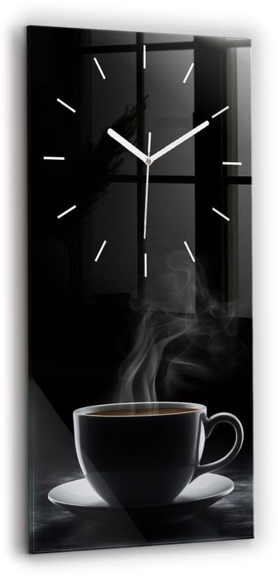 Wallfluent Wandklok - Een kopje zwarte koffie Klok met Afbeelding - 30 cm x 60 cm - Zwart Wandklok - Witte Handen - Wandklok Zonder Cijfers - Kinder Wandklok Glas - Glazen Klok Rechthoekige - Industrieel Wandklok - Unieke Wandklok