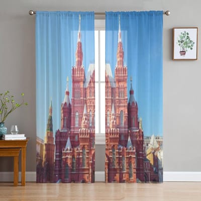 Het Staats Historisch Museum Op het Rode Plein Chiffon Transparante Gordijnen voor Woonkamer Slaapkamer Decoratie Raam Voiles Tule Gordijn 135W x 114H(cm) gray