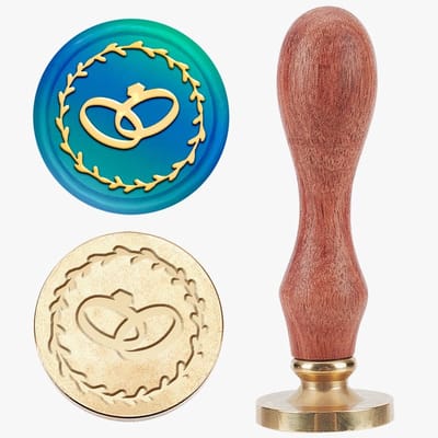 Dailygoods- Zegelwasstempel Vintage - Afneembare Messing Stempelkop - Houten Handvat - 25 mm - Trouwring Patroon - Voor Bruiloft Uitnodigingen - Waszegel