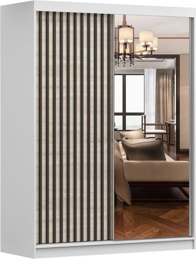 Zweefdeurkast Kledingkast met Spiegel, Schuifwandkast met decoratieve lamellen, kast met planken en kledingstang Gaderobe 150x200x61 cm - LABI S1 (Wit + Sonoma, 150)
