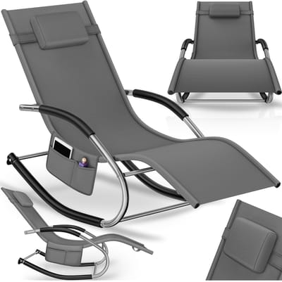 tectake® Ligstoel met Schommelfunctie – Ergonomisch Ligbed voor Tuin, Terras en Balkon – Relaxstoel met Hoofdsteun, Armleuningen en Opbergvak – Draagvermogen 120 kg – Grij