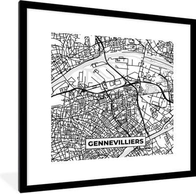 Fotolijst incl. Poster Zwart Wit- Frankrijk - Plattegrond - Gennevilliers - Stadskaart - Kaart - Zwart wit - 40x40 cm - Posterlijst