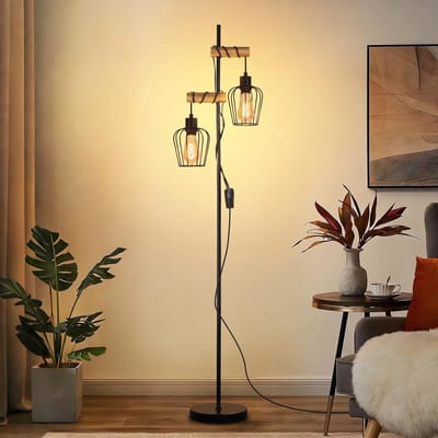 NETTLIFE Vloerlamp- E27 Fitting - zwart - 2 lichts - met 13cm Lampenkap - Vintage Staande lamp - metaal en hout - incl. schakelaar - H 151cm - voor Woonkamer | Slaapkamer | Kantoor - Zonder lamp