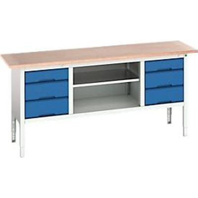 Bott verso box-type werkbank, met multiplex blad, 6 laden & 1 legplank, B 2000 x D 600 x H 830 - 930 mm, RAL 7035 lichtgrijs / RAL 5010 gentiaanblauw