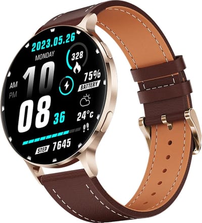 WizBay Premium Select® Ultra Thin Smartwatch 1.75inch AMOLED - Bellen - AI Voice Assist - Hart Monitor - O2 Bloeddrukmeter - Multi Sport Modi - Slaap - Message - Smartwatches - Gouden Case Lederen Band Bruin - 2 Extra Banden - RVS Goud en TPU Rosé