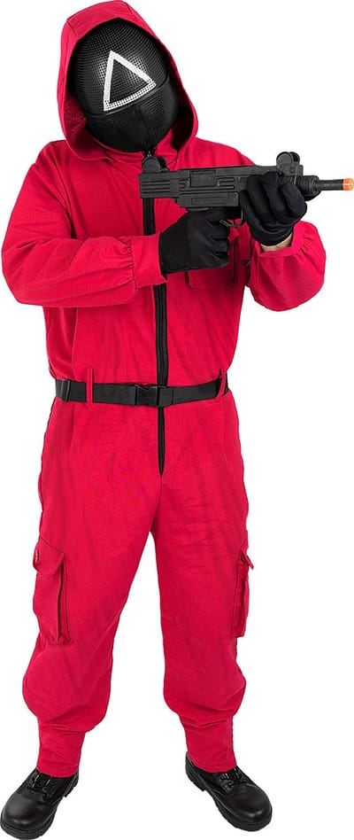 Funidelia | Squid Game kostuum en masker met driehoek Officieel Netflix voor vrouwen en mannen, Netflix, Il gioco del calamaro - Kostuum voor Volwassenen Accessoire verkleedkleding en rekwisieten voor Halloween, carnaval & feesten - Maat S - M - Rood