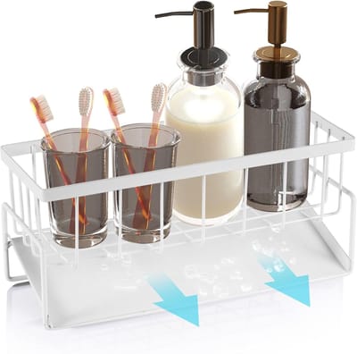 VINEST Organizer voor wastafel met afvoer, zelflegend, keukenorganizer van roestvrij staal, organizer voor keuken voor badkamer, voorkomt waterophoping (wit)