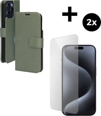 Mobiparts Classic Wallet hoesje geschikt voor Apple iPhone 15 Pro Max met 2 Screenprotectors van Gehard Glas - Groen