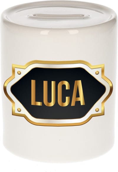 Spaarpot met voornaam Luca - wit - met goud/zwart embleem - 8 x 9 cm - keramiek - met afsluitdop - cadeau verjaardag
