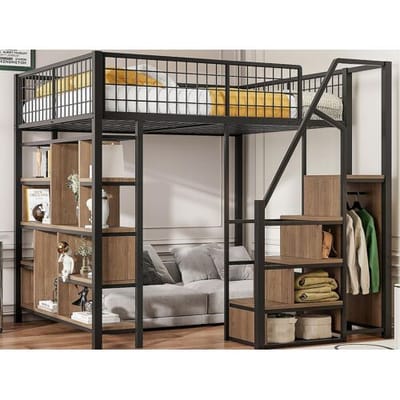 ModernLuxe Metalen tussenbed 140x200cm - met planken en trap - Zwart (matras niet inbegrepen)