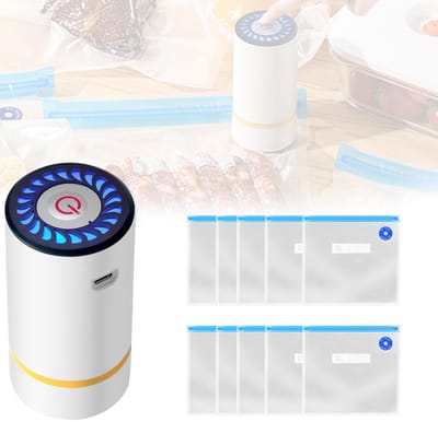 Handzame vacuümsealer met 10 herbruikbare vacuümzakken – compacte, draagbare vacuümsealer voor keuken en huishouden (wit)