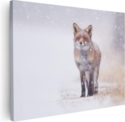 Artaza Canvas Schilderij Vos In Sneeuw - 40x30 cm - Klein - Wanddecoratie Dieren - Muurdecoratie Winterlandschap - Schilderijen Op Canvas