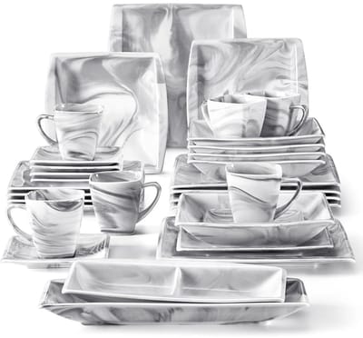 Luxe Serviesset – 32 delig – 6 persoons – Porselein - Bordenset – Dinner platen – Dessertborden - Diepbord - Kommen - Mokken - Rechthoekig bord - Serveerschaal- Marmergrijs