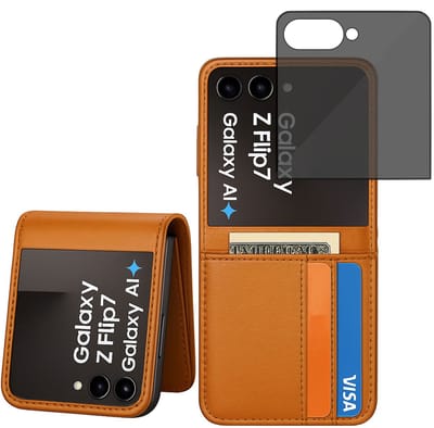 ChiGuard Wallet Case & privacy screenprotector geschikt voor Galaxy Z Flip 7 – Book Case - Portemonnee - Cognac Caramel