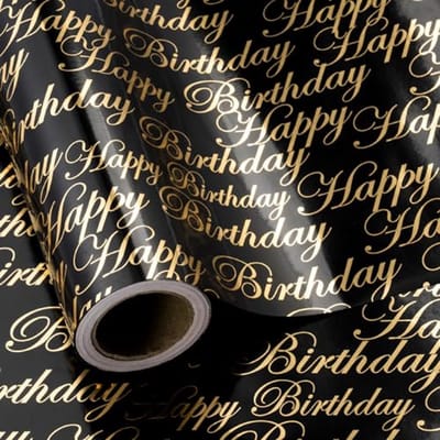 Verjaardag Cadeau Inpakpapier - Mini Rol - 43.2cm x 10m - Zwart en Goud Folie Met Gelukkige Verjaardag Tekst