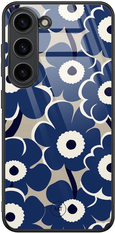 Hoesje geschikt voor Samsung Galaxy S23 - Abstract bloom - Hard Case Zwart Back Cover - Bloemen - Blauw - Mooie Telefoonhoesjes