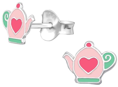 Joy|S - Zilveren theepot oorbellen - 8 mm - met roze hartje