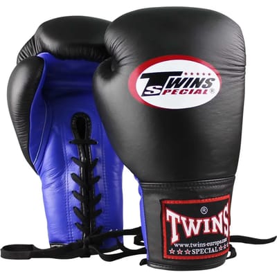 Twins Special Bokshandschoenen BGLL-1 – Vetersluiting – Echt Leer – Zwart/Blauw – 16 oz
