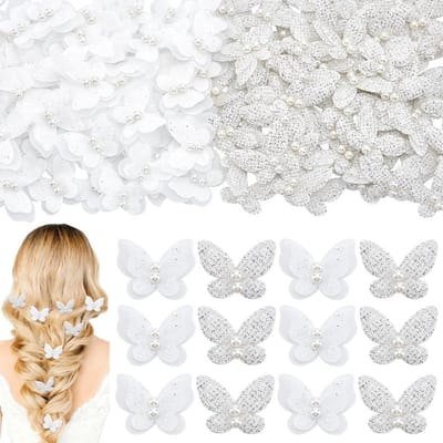 40 Stuks Dubbele Dikte Vlinderapplicaties van Parelorganza met Kanten Rand voor Bruiloft en Sieraden Maken, Wit