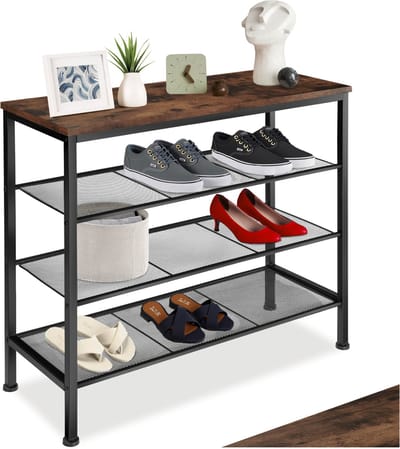 tectake® Smal Schoenenrek met Opbergruimte – Hout & Metaal, Industriële Stijl, 4 Niveaus, 3 Roosterplanken, 80,5x30,5x72,5 cm – Industrial Dark Brown