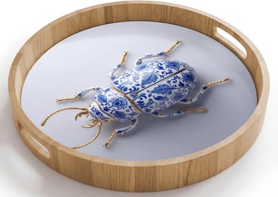 Dienblad rond 40x40 cm - Schootdienblad hout - Kever - Delfts - Blauw - Goud - Borrelplank rechthoek - Plateau houten dienbladen