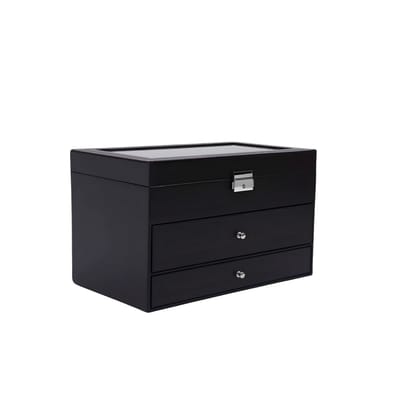 Horlogevitrine – Voor horloges en sieraden – 3-laags opbergbox met glazen deksel en lade – Zwart