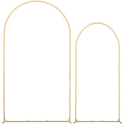 Boog Achtergrond Standaard, Set van 2, 2,2 m en 1,8 m, Stabiele Structuur, Eenvoudige Montage, Gouden Metalen Boog Achtergrond Standaard met Hoes voor Bruiloft, Verjaardag