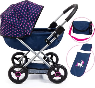Poppenwagen - Dolly stroller - Rollenspel - Grote wielen - 63x34x58 cm - Blauw met unicorn