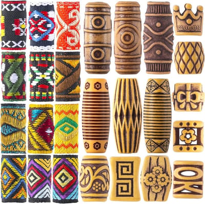 54 Stuks Haaraccessoires voor Dreadlocks, Vlechten en Baard: Houten Look & Stof Kralen