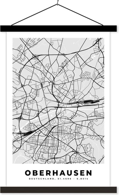 Posterhanger incl. Poster 40x60 cm - Schoolplaat - Duitsland - Plattegrond - Kaart - Oberhausen - Stadskaart - Textielposter - Zwarte latten - Stadskaart