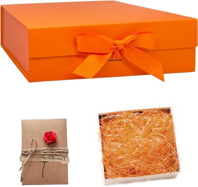 Giftbox met deksel - Oranje magnetische geschenkdozen met lint en wenskaarten - vulmateriaal - voor bruiloft verjaardag kerst jubileum - feestelijke verpakking