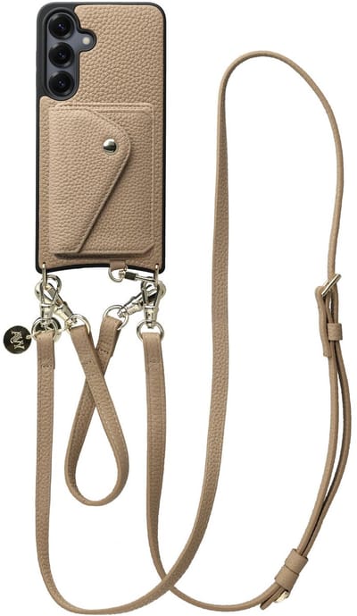 AVY Leren Hoesje geschikt voor Samsung Galaxy S25 / S24 | Met Koord en Magnetische Kaarthouder | Compatibel met MagSafe | Leather Case met 30CM & 130CM Koord & Wallet | Leather Set | Beige