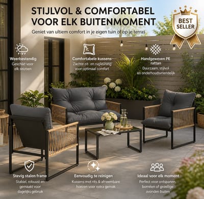 4-delige tuinset: bank, 2 stoelen, tafel met glazen blad, metalen frame, polyrattan, antraciet