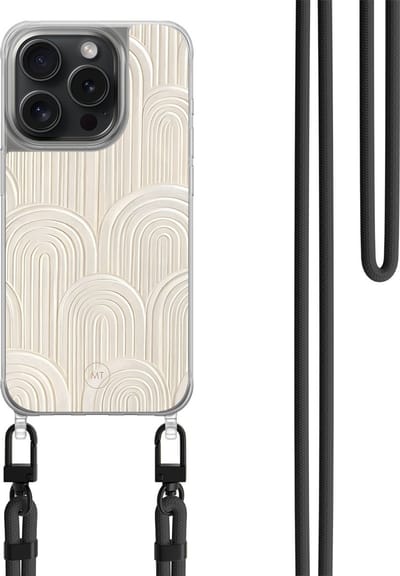 Hoesje met koord geschikt voor iPhone 13 Pro - Modern waves - Inclusief zwart koord - Crossbody beschermhoes - Transparant, Beige - Mooie Telefoonhoesjes