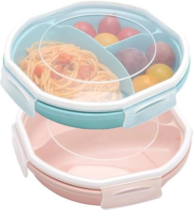 Set van 2 luchtdichte magnetronservies met 3-voudige verdeling, BPA-vrij en vaatwasmachinebestendig, ideaal voor gescheiden voedselopslag en maaltijdprep (blauw-roze)