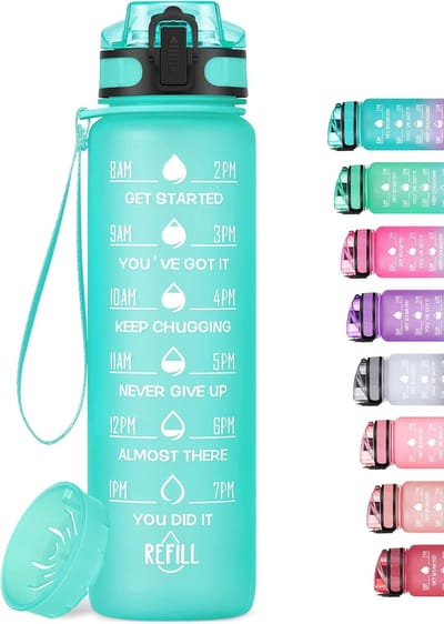 Famanu Sportwaterfles van 1 l, slanke plastic motiverende lekvrije drinkfles met filter en tijdmarkeringen voor sportschool, hardlopen, reizen, school, kantoor of buitenactiviteiten, BPA-vrij, Groen