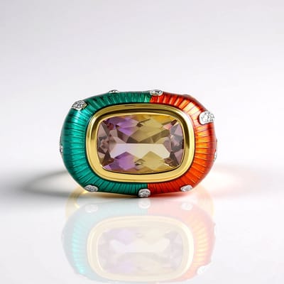 Cavill - Verstelbare Ring - 925 Sterling Zilver Verguld - 4.5 ct Boliviaanse Ametrien - Groen Oranje Email Accent - Luxe Sieraad