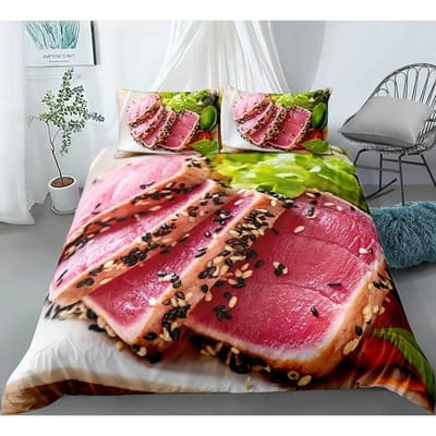 Eten Rundvlees Beddengoed Set 3D Vers Vlees Dekbedovertrek King/Queen Size Heerlijke Zeevruchten Sashimi Drumstick Steak Realistisch Dekbedovertrek 70x133cm 2pcs