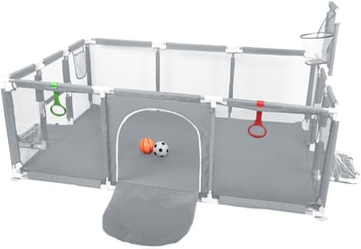 PIPIPOXER-Grondbox - Baby Speelbox met voetbal en basketbal - Antislip bodem -180*120 cm-Donkergrijs