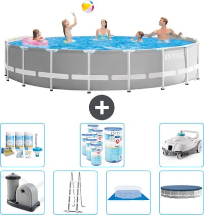 Intex Rond Prism Frame Zwembad - 548 x 122 cm - Grijs - Inclusief Pomp - Ladder - Grondzeil - Afdekzeil Onderhoudspakket - Filters - Stofzuiger
