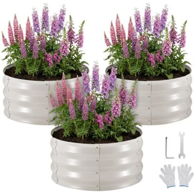 VEVOR Metalen Verhoogd Tuinbed, 3-delige set, φ60x30 cm, Rond Tuinbed, Plantenbakset voor Buiten, Groentebed met Handschoenen, Bloembed zonder Bodem, Plantbed voor Bloemen, Kruiden & Groenten, Beige